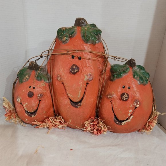 Rare Vintage Halloween Paper Mache Pumpkin Trio